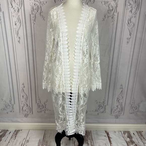 White Lace Kimono Duster Cardigan Coverup - Picture 2 of 9